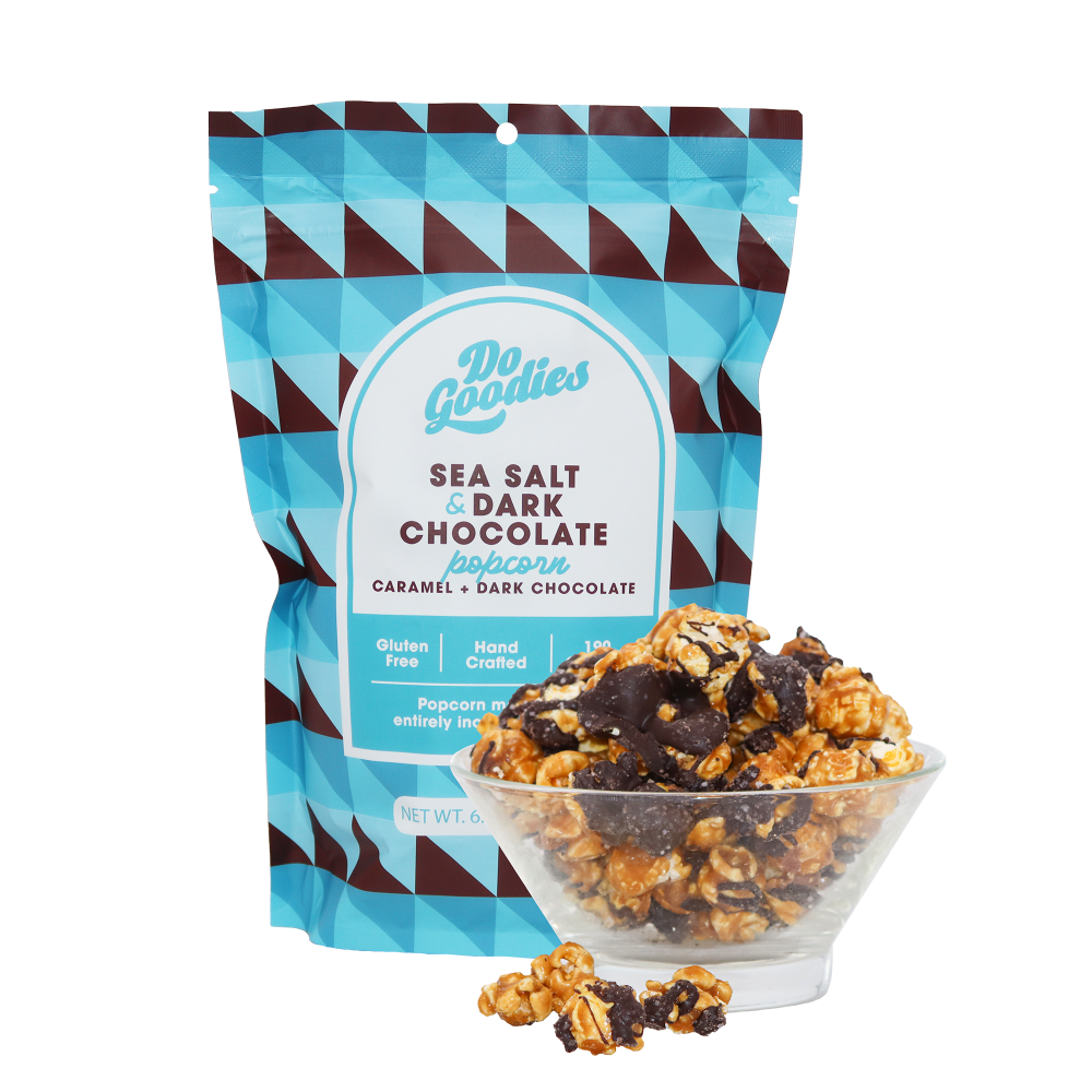 Sea salt and dark chocolate popcorn product photo
