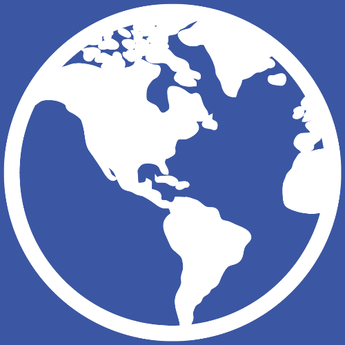 A blue and white icon of Earth